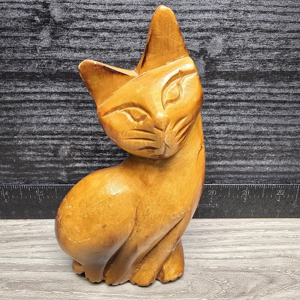 Vintage MCM Carved Wood Cat Kitten Feline Figurine
